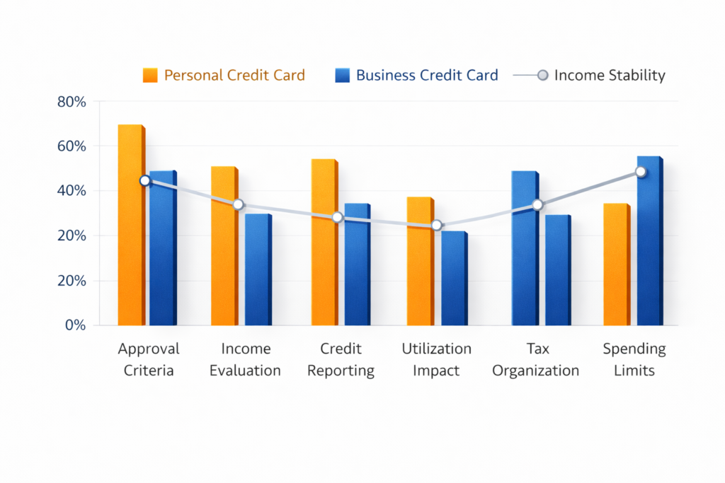 Personal vs business credit card comparison chart for freelancers showing approval criteria, income evaluation, credit reporting, utilization impact, tax organization, and spending limits