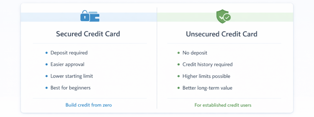 difference between secured and unsecured credit cards showing deposit requirement, approval ease, and beginner suitability