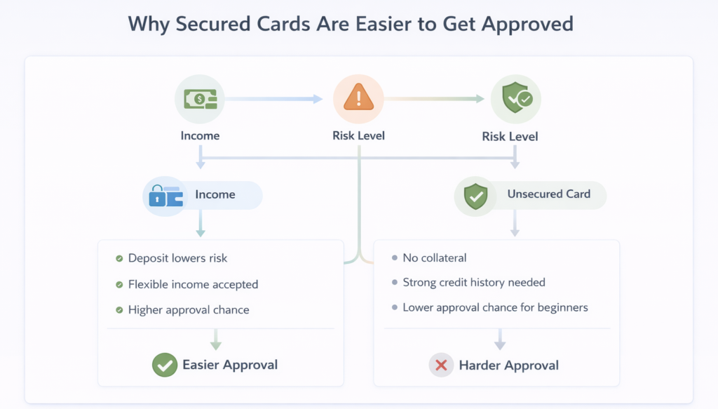 difference between secured and unsecured credit cards approval comparison for beginners with income and credit history factors