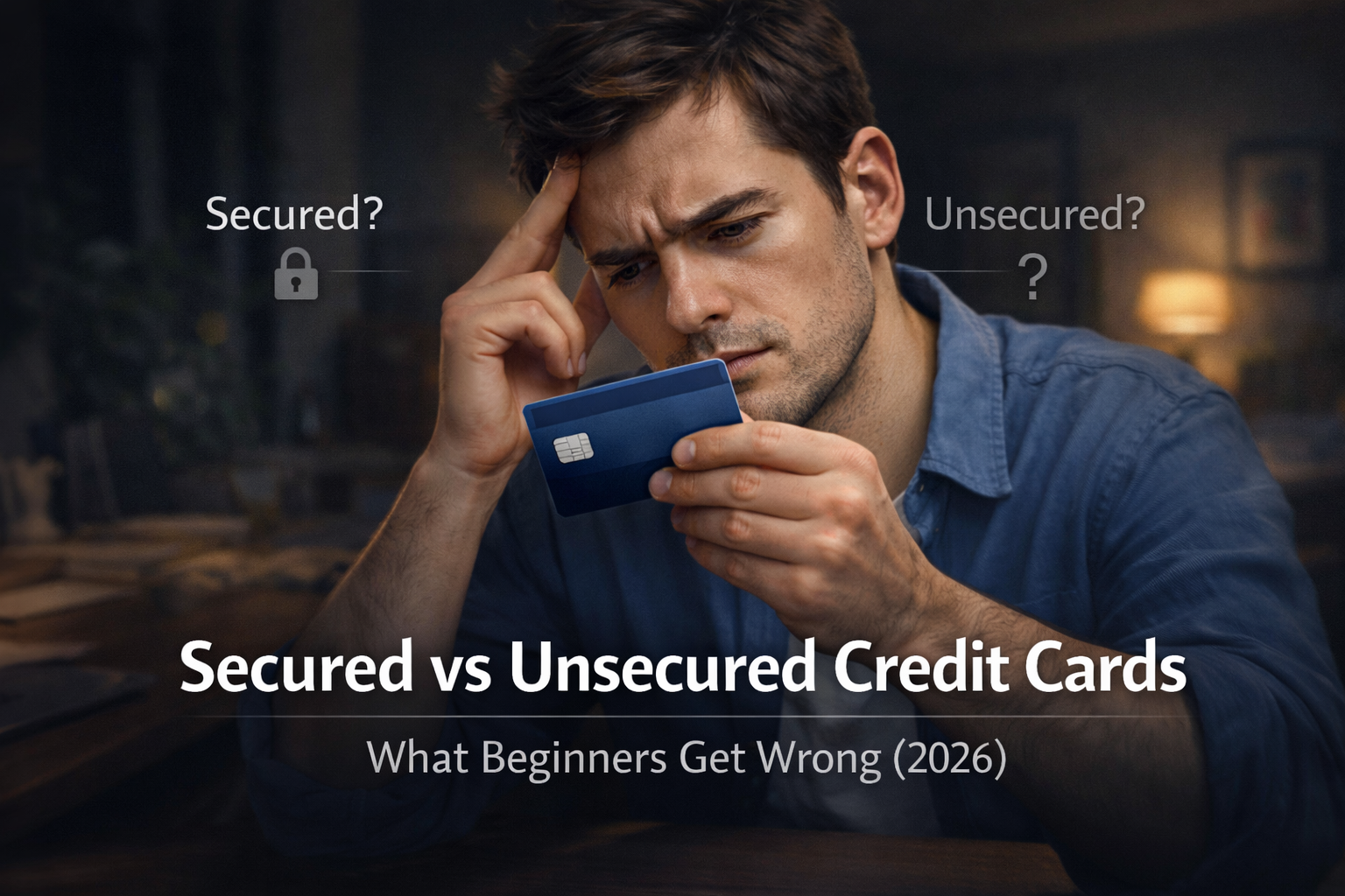 difference between secured and unsecured credit cards showing a confused beginner choosing the right credit card option