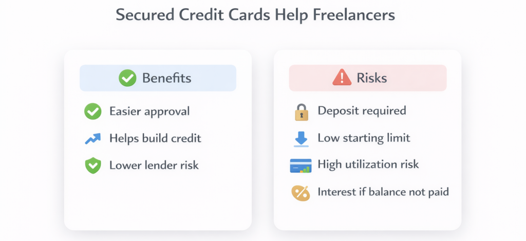Comparison visual explaining the benefits and risks of secured credit cards for freelancers including deposit requirement and credit building advantages.
