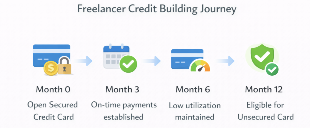 Timeline showing how secured credit cards for freelancers help build credit over 12 months before upgrading to an unsecured card.
