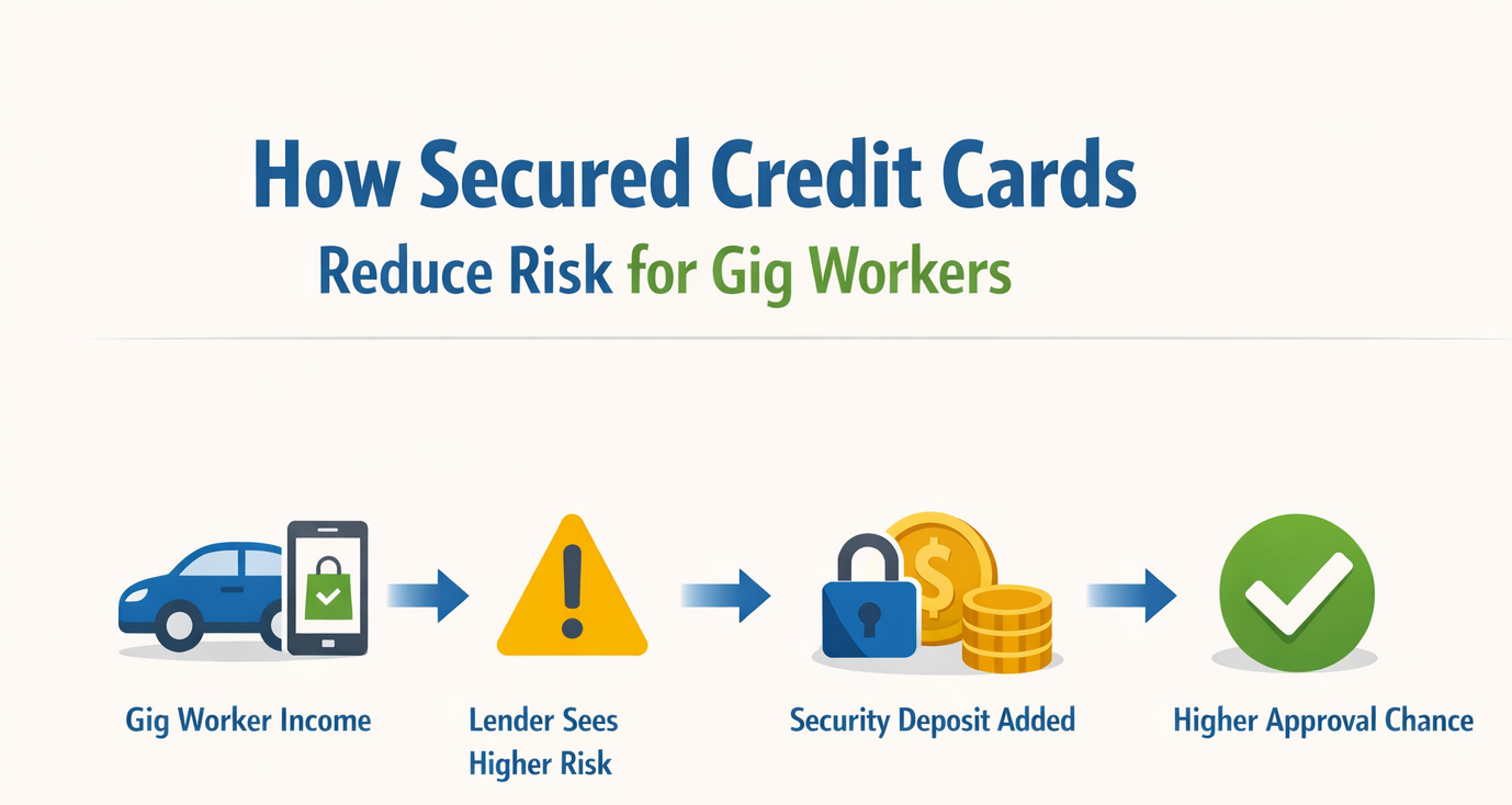Diagram showing how secured credit cards for gig workers reduce lender risk through a security deposit and improve approval chances.