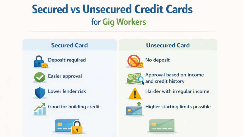 Comparison chart explaining the difference between secured and unsecured credit cards for gig workers, including deposit requirement and approval difficulty.
