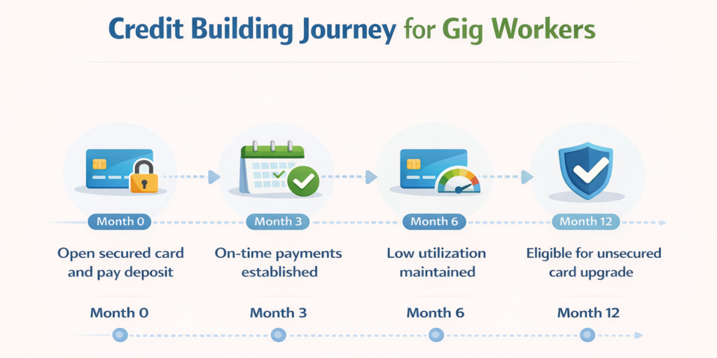 Timeline illustrating how secured credit cards for gig workers help build credit over 12 months before upgrading to an unsecured card.
