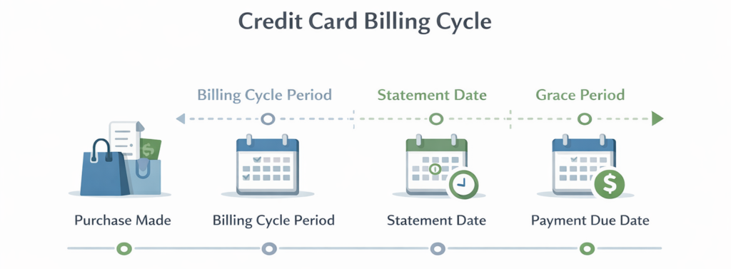 how credit cards work billing cycle timeline with statement date and due date
