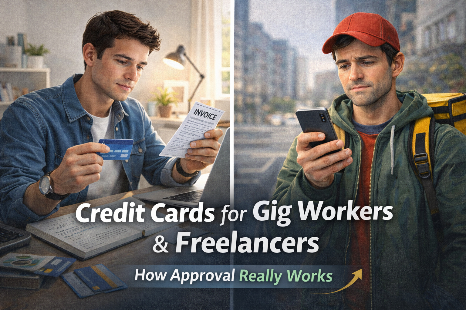 Split image showing a freelancer and a delivery driver, representing credit cards for gig workers and freelancers in the US