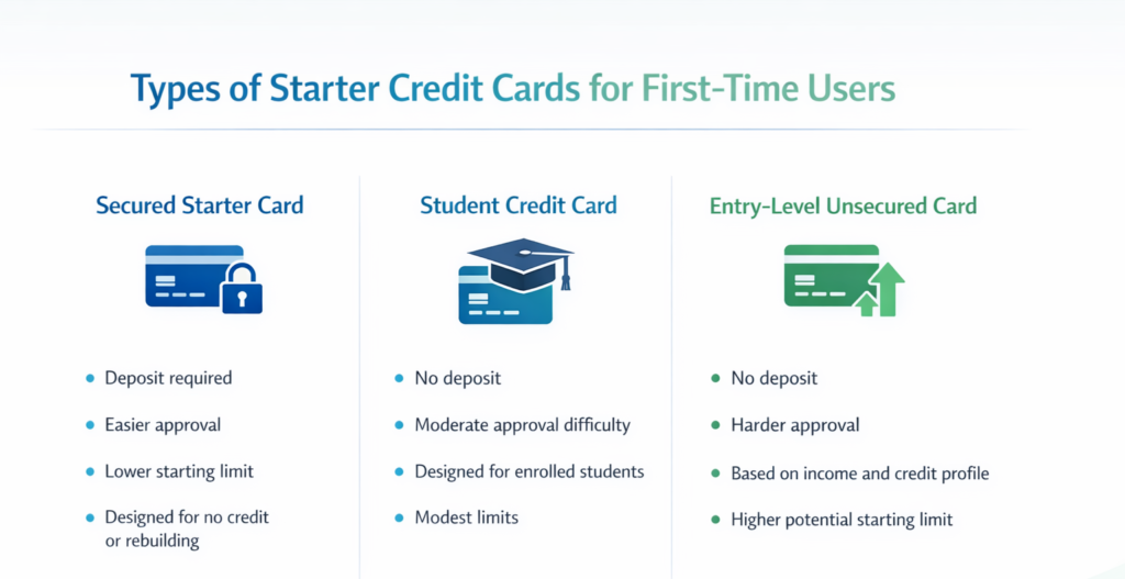 Infographic comparing the best starter credit cards for first-time users including secured, student, and entry-level unsecured options.