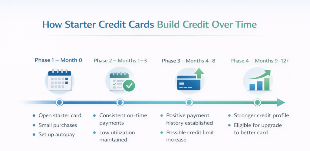 Timeline infographic showing how best starter credit cards for first-time users help build credit through on-time payments and low utilization over 12 months.