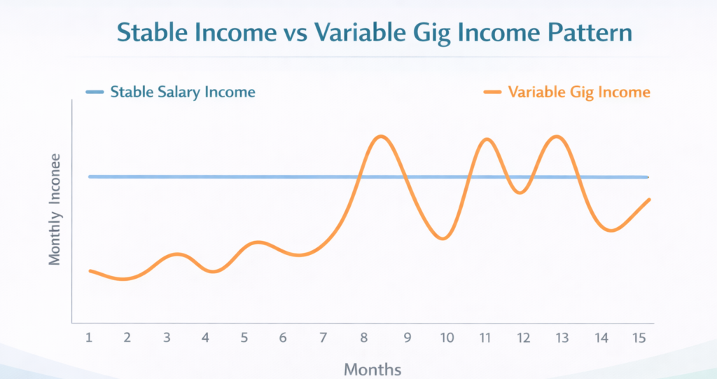 Line graph comparing stable salary income with variable gig worker income to explain approval challenges for the best credit cards for gig workers with variable income.