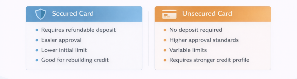 Side-by-side comparison of secured and unsecured credit cards for gig workers with variable income highlighting deposit requirements and approval differences.