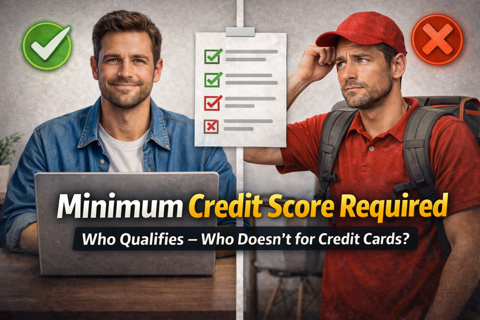 Split screen illustration showing minimum credit score required for credit cards, comparing who qualifies and who does not among freelancers and gig workers
