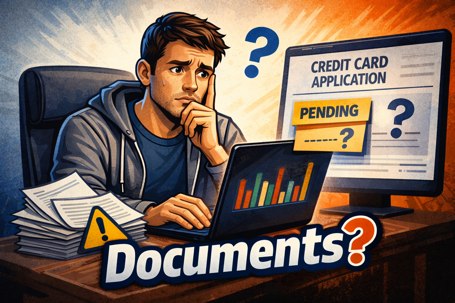 A freelancer sitting at a desk with income documents and a pending credit card application, explaining do freelancers need income documents for credit card applications
