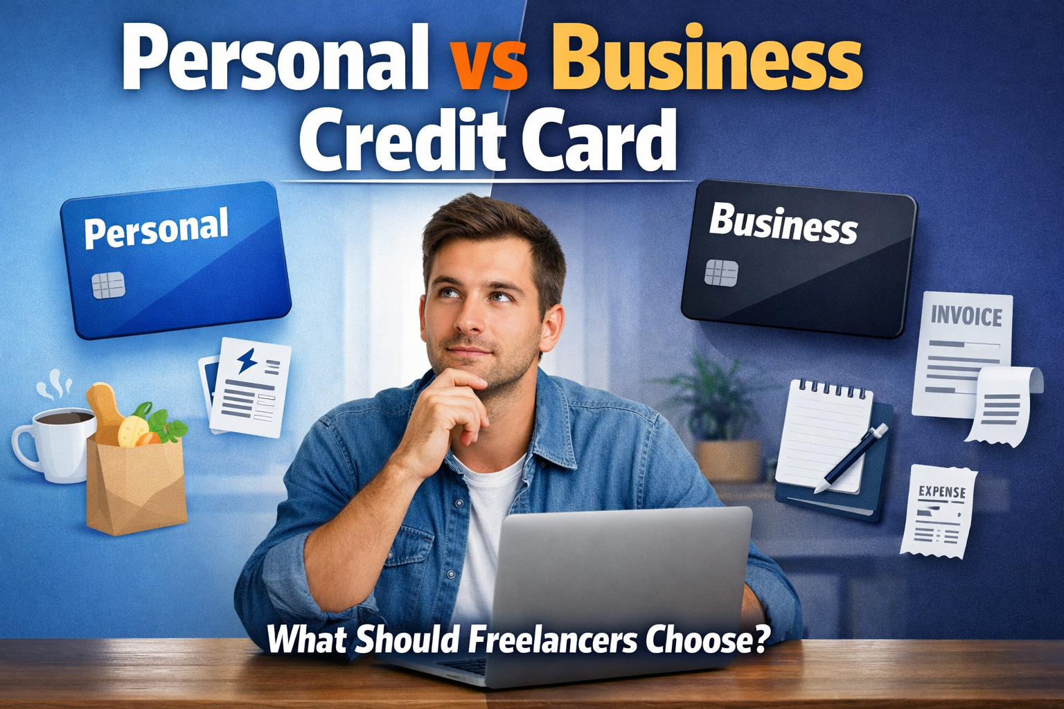Personal vs business credit card for freelancers comparison showing personal and business card options with a freelancer deciding which to choose