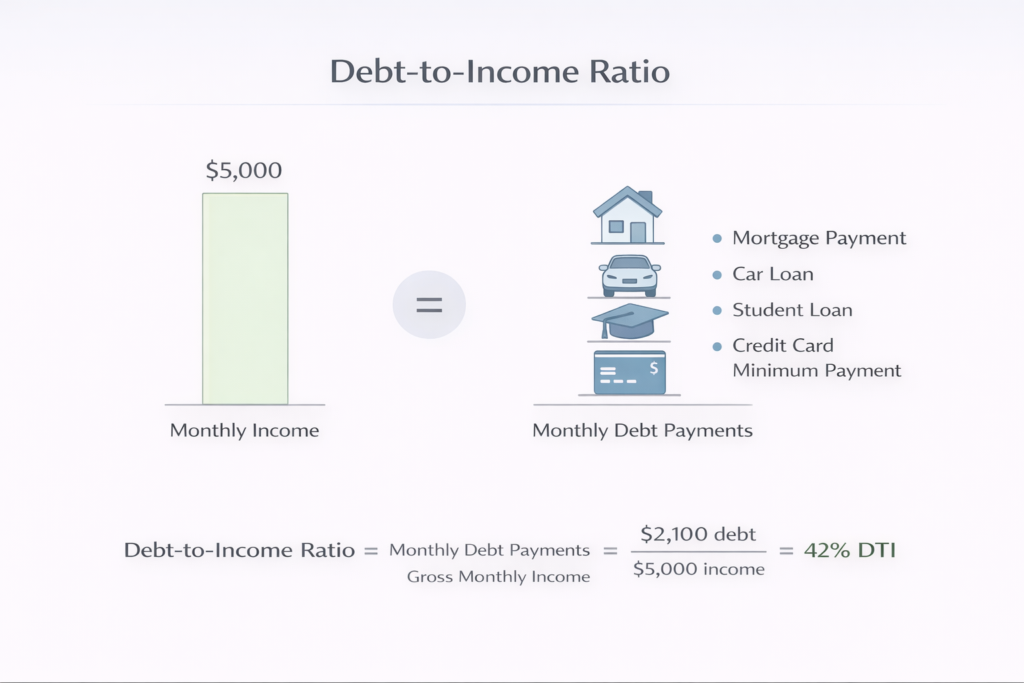 debt-to-income ratio example showing monthly income vs monthly debt payments calculation