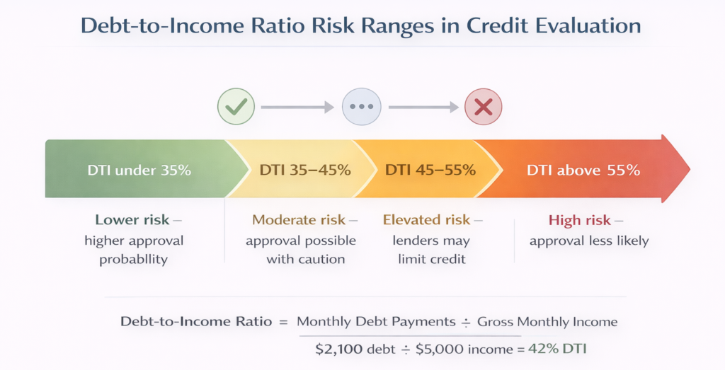 debt-to-income ratio risk ranges chart showing low moderate and high DTI levels used by lenders