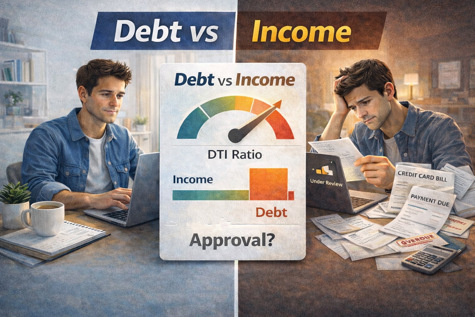 debt-to-income ratio affect credit card approval illustration showing income vs debt comparison and DTI ratio risk meter