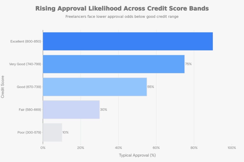 Credit score ranges and typical credit card approval outcomes for freelancers