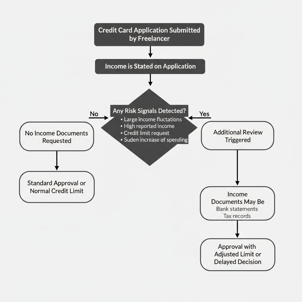 A decision‑flow diagram explaining do freelancers need income documents for credit card applications and when income verification may be requested