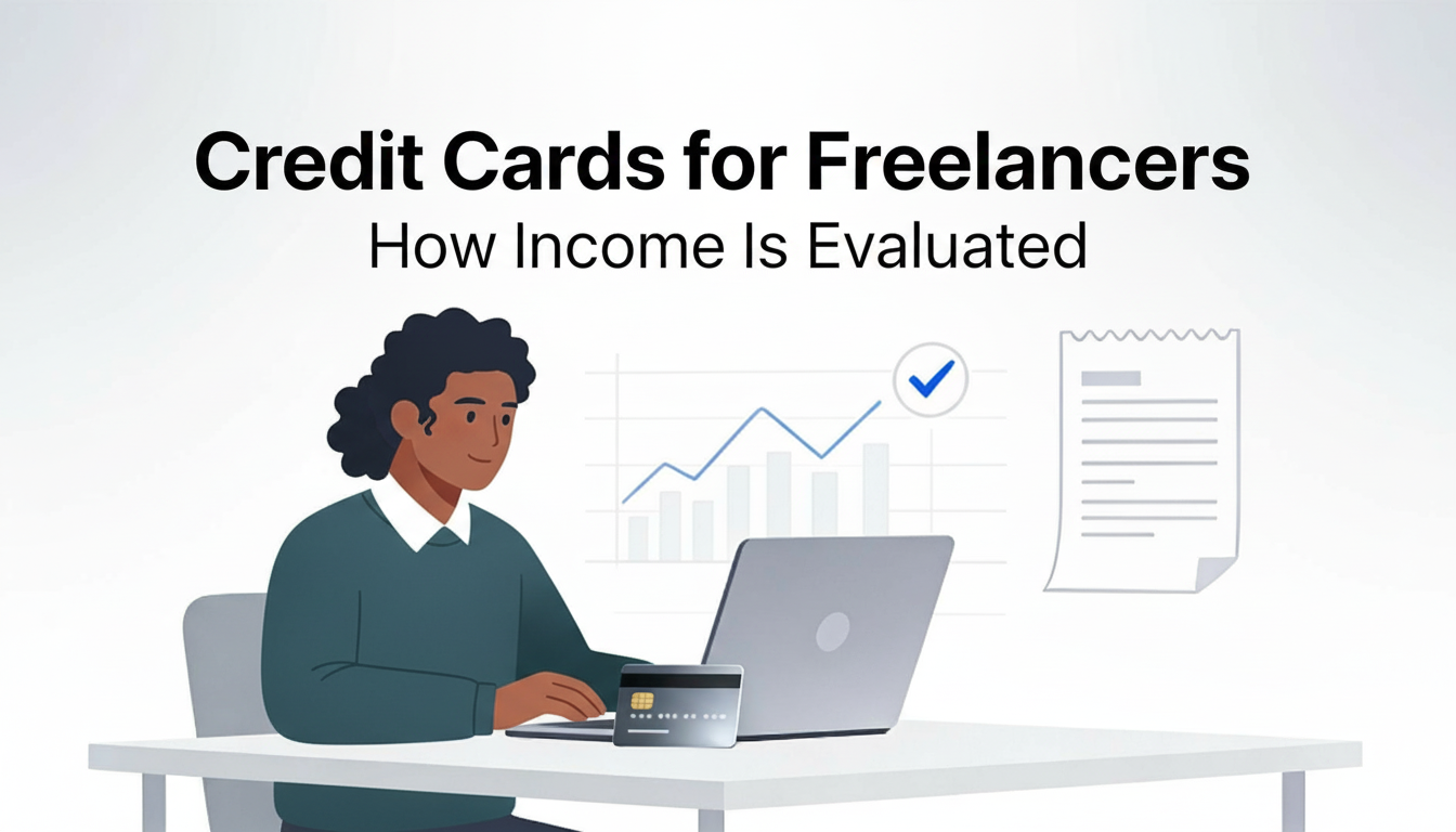 Illustration showing a freelancer working on a laptop with a credit card on the desk, explaining how credit card companies evaluate freelancer income in the US.