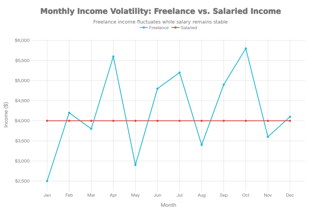 A line graph showing month‑by‑month freelance income fluctuations compared with consistent income, explaining how income instability affects credit card approval for freelancers